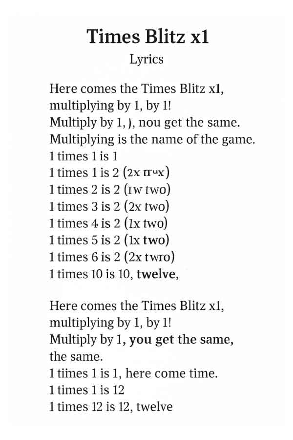 x1 Times Table Song Lyrics
